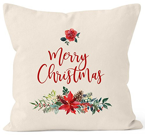 Autiga Kissenbezug Weihnachten Merry Christmas Blumen Weihnachtsstern Christstern Kissen-Hülle traditionell Natur 40cm x 40cm
