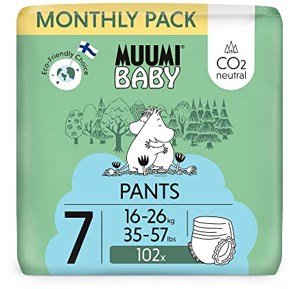 Muumi Baby Eco Pull Ups Size 7 Monthly Pack, 16-26kg, 102 Sensitive Premium Nappy Pants with Leakage Barrier | Soft and Skin Friendly, No Unnecessary Chemicals |