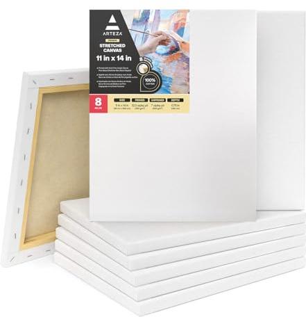 Arteza 28 x 36 cm (11x14) Premium Stretched Canvas, Bulk Pack of 8, Primed, 100% Cotton for Painting, Acrylic Pouring, Oil Paint & Wet Art Media, Art Supplies for Artist, Hobby Painters & Beginner