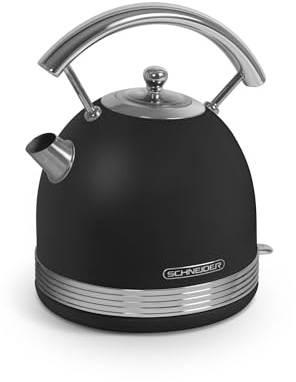 SCHNEIDER Retro Wasserkocher 2200 Watt, Edelstahl Mit 1,7 Liter Fassungsvermögen, Wasserstandsanzeige, Kalkfilter Und Automatische Stopp-Funktion, Schwarz