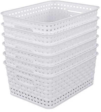 Sandmovie White Plastic Rattan Storage Baskets, 6 Packs