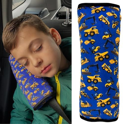 HECKBO Almohadilla para coche con dibujos de vehículos de construcción para niños - lavable a máquina suave, tacto de peluche, almohadilla cinturón de seguridad