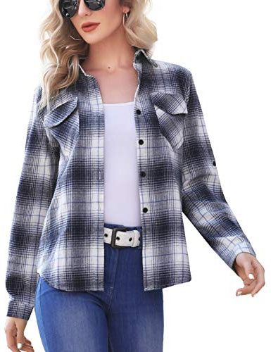 Enjoyoself dam, rutig blus, långärmad, rutiga flanellskjortor, 100 % bomull, button-down skjortblus för vardag och oktoberfest, Vit + svart, XL