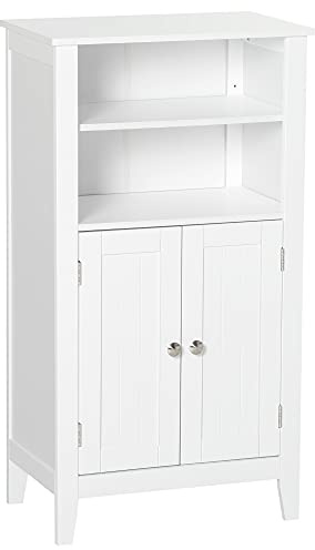 kleankin Mobile Bagno con Mensole Regolabili e Armadietto 2 Ante, Mobiletto Bagno Multiuso in Legno, Bianco, 50x30x93cm