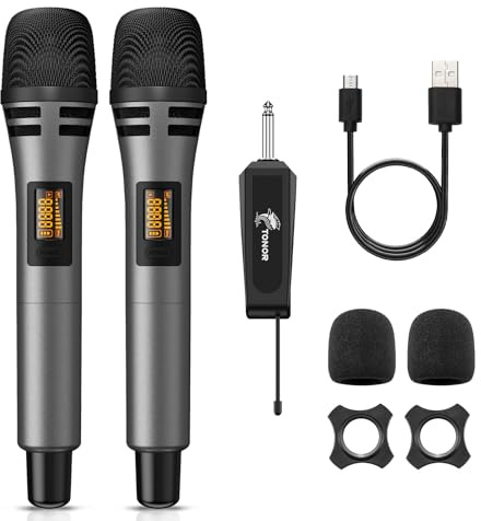 TONOR Wireless Microphones, Dual UHF Karaoke Microphone System, Microfonos Inalambricos with Rechargeable Receiver, Cordless Dynamic Mics Set for Singing, Wedding, Party, 60 m/200ft TW320, 2 Mics Grey