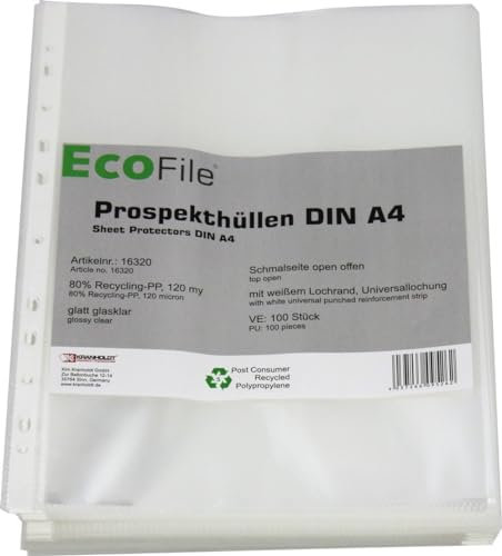Prospekthülle A4 / 100 Stück/nachhaltig aus Post-Consumer-Recycling PP 120 my glatt glasklar super stark, mit Abheftrand, Schmalseite oben offen – (120my)