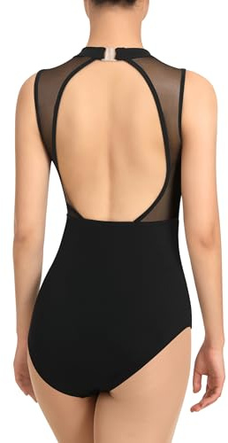 DANSHOW Justaucorps de ballet dos nu pour femme, encolure en maille, doublure intégrale sur le devant, Noir-Dos ouvert, S