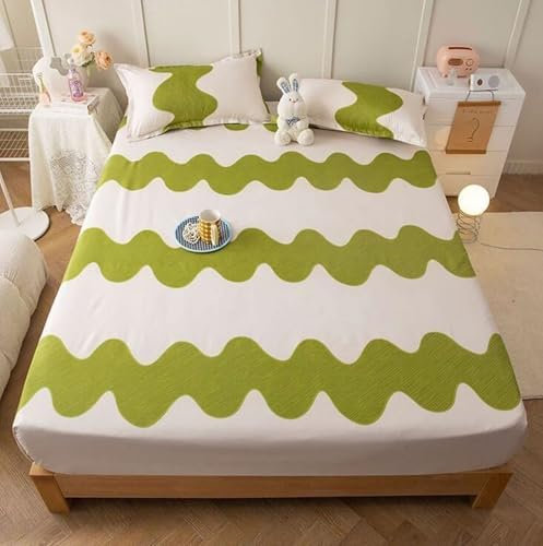 Epinki Spannbettlaken 180x200cm Geräuschlos, Streifen Muster Spannbetttuch Gedruckt Faltenresistent und Ausbleichen, Polyester Tagesdecke Grün Weiß