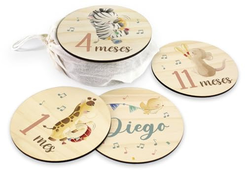 DEHOME - Placas Cumplemes Personalizadas con Nombre - Tarjetas Hito Bebé Madera Pino Natural 4mm - Impresión Directa sobre la madera - Regalo para Recién Nacido Hecho en España (Music)