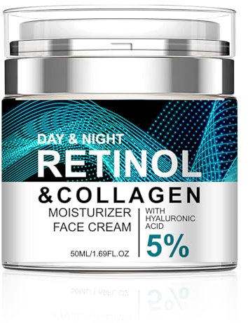 Retinol Cream Hydratant Visage, Crème Anti-âge au Collagène, 5% d'acide Hyaluronique, Anti-Rides, Réduit les Ridules, Night Retinol Moisturizer Face Cream pour Femme, 50ml