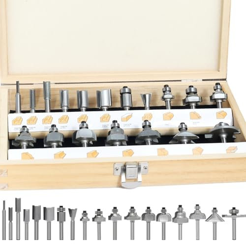 AKYLIN 18 Pièces Fraise à Tige de 6 mm, Pour Bois Pour Défonceuse avec 6 mm Tige, Fraise avec Boîtier de Rangement en Bois, Pour la Finition du Bois Divers