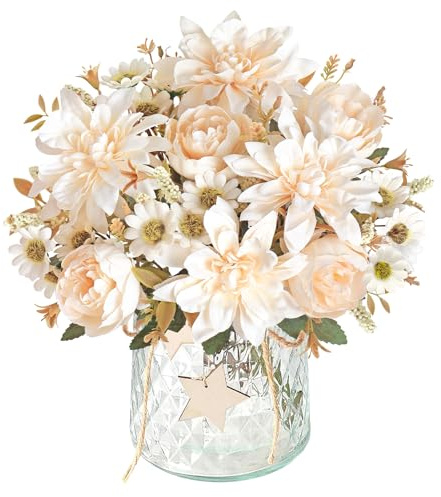 DEMIUKO 2 paquetes de flores artificiales de dalias de champán peonías de seda, ramos de flores artificiales, flores falsas, jarrón, decoración para bodas, fiestas, centros de mesa, arreglos florales