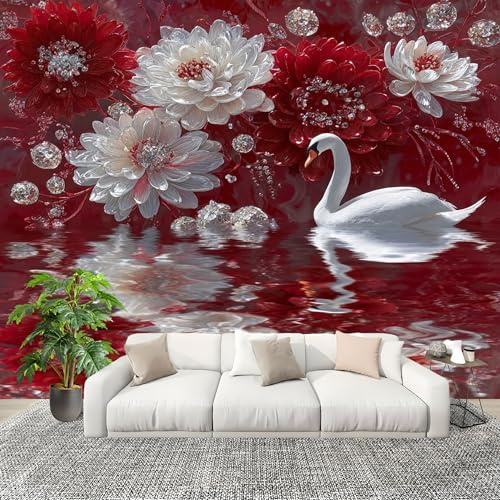 Fotomurales - Grandes Murales Cisne de Flores En Relieve Papel Pintado Panorámico Rojo Póster para Salón, Adulto Habitación de los Niños, Estudio Decoración 200x140 cm