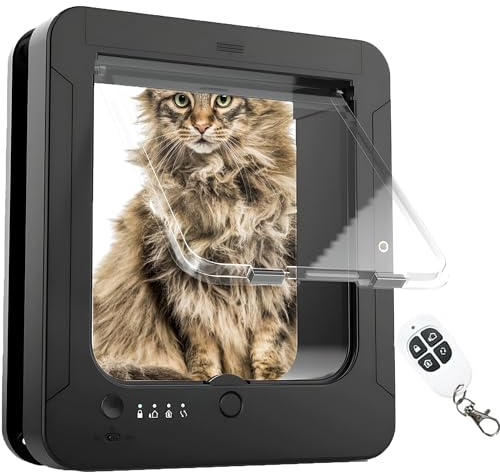 Porta per gatti intelligente per interni ed esterni, con 2 collari con sensore e 1 telecomando, con sensore per collare e apertura automatica della porta per gatti, per interni, esterni(Black)