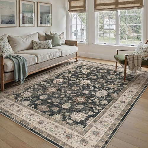 PureCozy Nero Tappeto Salotto 160x230cm Camera da Letto Lavabile in Lavatrice Grandi Tappeti Sala Soggiorno Ufficio Moderno Floreale Carpet Pelo Corto Antiscivolo Rug