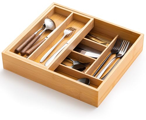 Fiwochic Double Bamboo Kitchen Drawer Organizer, 2-tier Utensil Deep Drawer Organizer, Removable Utensil Holder and Cutlery Tray Storage for Chopsticks, Spoons, Forks, Various Tableware and Cookware