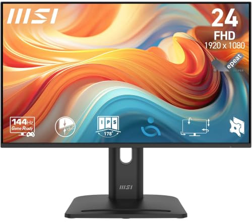 MSI Pro MP245PG E14 Monitor de 24 FHD, 1920 x 1080 IPS, 144 Hz, 1 ms, Compatible con HDR, Adaptive-Sync, Eye Care, Altavoz Integrado, HDMI 2.0, DP 1.2a, inclinación/Altura Ajustables, VESA - Negro