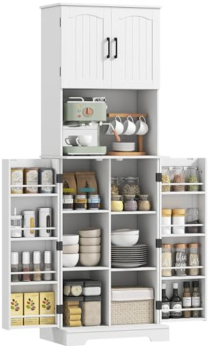 HOMCOM Buffet Haut Cuisine, Armoire de Cuisine, vaisselier, 4 Portes, Plan de Travail, 8 Porte-épices et étagères réglables, Meuble de Rangement pour Salon, Salle à Manger, 60 x 40 x 181,5 cm, Blanc