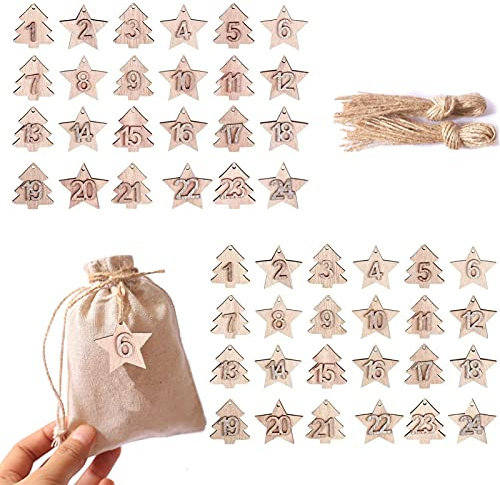 DAHI Juego de 2 calendarios de adviento con números de madera, número 1-24, manualidades navideñas (marrón)
