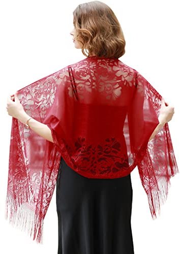 RIIQIICHY Stola Für Abendkleid Schal Stola Damen Festlich Umschlagtuch Umhang Rot Spitzenschal Mit Fransen für Hochzeit Party Braut