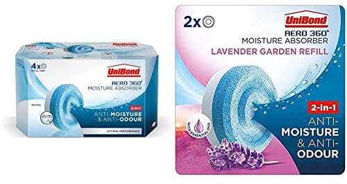 UniBond AERO 360° Moisture Absorber Refill Tab, Pack of 4 (4 x 450g)&AERO 360° Moisture Absorber Lavender Garden Refill Tab, Aromatherapy, Twin Pack (2 x 450g)