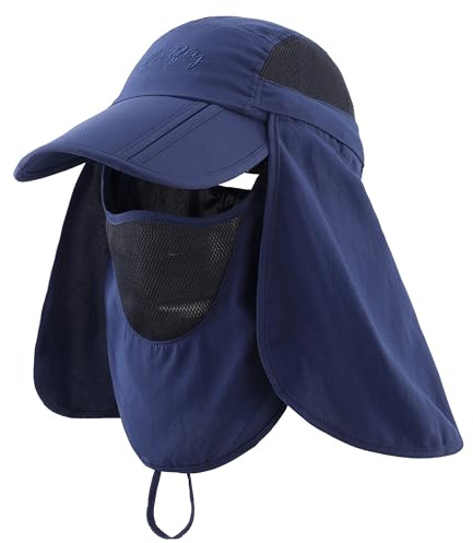 Connectyle Neck Flap Fishing Hat with Face Mask Full Cover UV Protection Safari Hiking Hat Baseball Sun Cap for Men Navy Blue