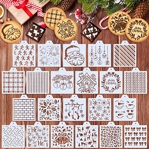 Whaline 22pcs Christmas Stencils Snowflake Santa Candy Canes Flowers Gingerbread Pattern Airbrush Painting Stencils Christmas Biscuit Cake Baking Templates for Xmas Party DIY Craft, 6.7 x 5.9
