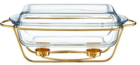 AMBITION Wärmebehälter für Speisen Saule 3,9 L Speisenwärmer Stövchen Servierschale Glasdeckel goldenes Gestell glamour Stil