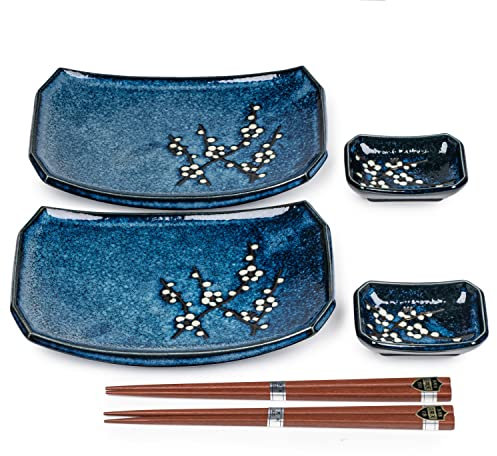 Blue Hana Cherry Blossom Japanese Sushi Plate Set