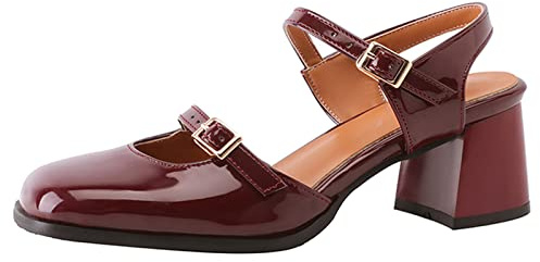 OALEEN Chaussure Mary Jane Femme Vernis Vintage Petit Talon Carré Bride Cheville Escarpin Ouverte Arrière Soirée Mariage Bordeaux 37