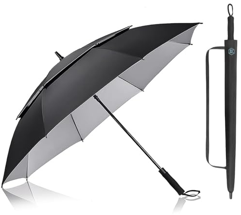 Kalolary 62 pulgadas Paraguas de Golf UPF 50+ UV Protection Golf de Gran Tamaño con Apertura Automática de Doble Dosel Ventilado y Resistente al Viento, Ideal para Familias (negro)