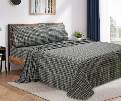 Bliss Casa 4 Piece 100% Cotton Flannel Sheets Queen Size Bed Set - Warm & Extra Soft - Deep Pockets, Breathable, All Seasons Comfy - Double Brushed Bed Sheet (Grey Plaid)