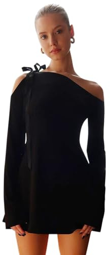 BKEPDY Womens Sexy Mini Dress Off Shoulder Long Sleeve Dresses Bodycon Elegant Casual Ruffle Trim Cocktail Dress Aesthetic Party Club Cami Dress Clubwear Black