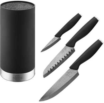 SILBERTHAL Messerblock mit Messer Schwarz - Messerset 3-teilig - robuste Keramikmesser (Santokumesser, Kochmesser, Gemüsemesser) mit standfestem Messerblock mit Borsteneinsatz