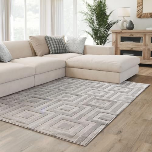 Interiyou Teppich Wohnzimmer Cannes - 160x230 cm Grau - Für Schlafzimmer, Esszimmer, Kinderzimmer - Kurzflorteppich skandinavisches Boho Muster - Hoch-Tief Effekt - Flach mit Geometrischem Muster