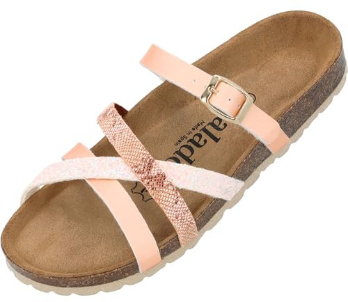 Palado Damen Pantoletten Cruisi - Schuhe mit Riemen - elegante Hausschuhe - Sohle aus feinstem Veloursleder - Sandalen mit Natur Kork-Fußbett Rose Multisparkle UK7 - EU40