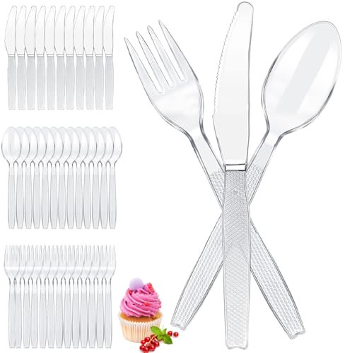 Heavy Duty Clear Plastic Cutlery Set - 300 Pieces (100 Spoons, Forks & Knives) - Reusable Sturdy Party Dessert Utensils