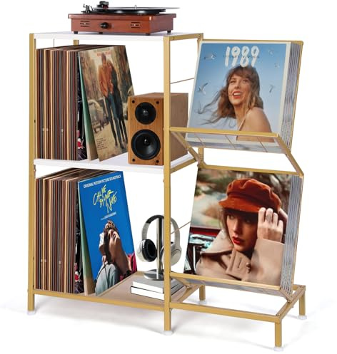HYCFYJR Plattenspieler Ständer, Schallplatten Aufbewahrung mit 2-stufiger Vinyl Halter und Metallrahmen, Plattenspieler Regal Beistelltisch für Wohnzimmer, Gold Weiß