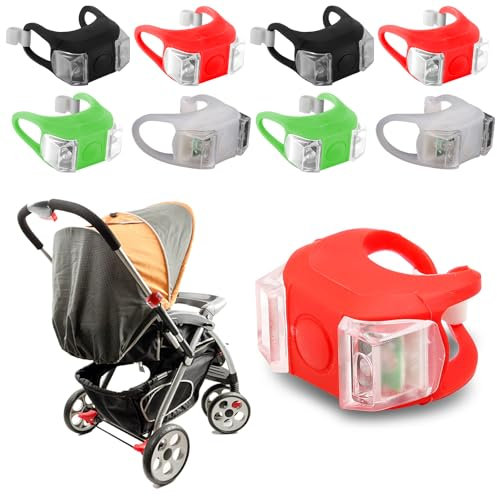 Sporgo 8 Stück LED Kinderwagen Licht: Wasserdichte Kinderwagenlicht LED Silikonleuchten Silikon Buggylicht, Mehrzweck LED Kinderwagen Licht für Alle Kinderwagen Beleuchtung (Rot + Schwarz+Weiß+Grün)