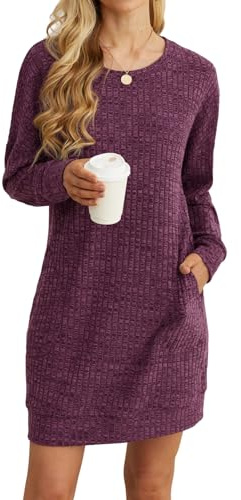 PrinStory Women Jumper Dress Long Sleeves Causal Basic Mini Dress With Pockets Loose Knitted Pullover Tunic Sweatshirt For Women (Rose Red, L)