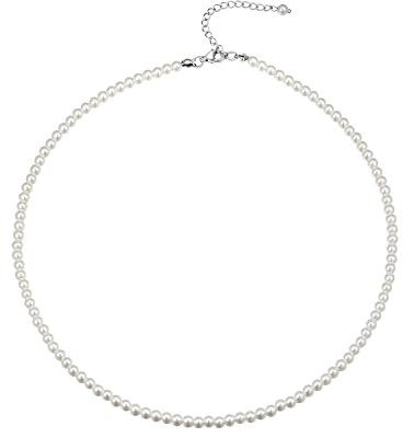 FOCALOOK Collana Girocollo Donna Perle di Cristallo da 4 mm Colore Bianco con Catenina Acciaio 40cm+ 5cm