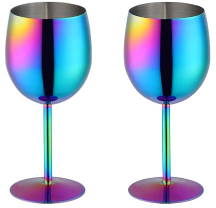 TEAHAHA Stainless Steel Wine Glasses Set of 2,350ml Fancy Unique Unbreakable Goblet Glass Set White Red Wine Stemmed Cocktail Glasses Metal Drink Champagne Goblet Party Wedding (Rainbow Color)