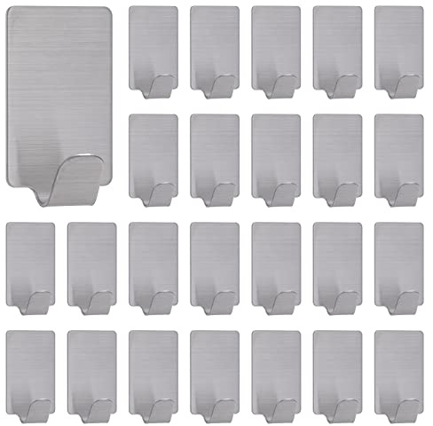 Jesustree Ganchos Adhesivos Pared Acero inoxidable, 24 Piezas Gancho para Colgar Autoadhesivo para Hogar, Baño y Cocina, Toallero Perchero Puerta, Resistente al agua Cuelga facil (5 KG Max)