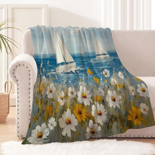 Kuscheldecke Flauschig Decke Fleecedecke - Segelboot, Blumen - Kuscheldecke Flauschige für Gemütlichkei, 130x150cm Decke, Weich & Warm, Pflegeleichte Flauschige Decke