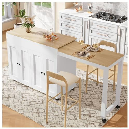 Wyibwy Tavolo da bar allungabile (118-180×50×94cm), isola da cucina allungabile con spazio di archiviazione, con sei ripiani, tavolo da bar, per sala da pranzo, da utilizzare come divisorio, bianco