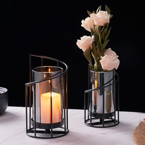 Set di 2 Portacandele Neri – Portacandele in Metallo con Cilindro di Vetro Fumé, Moderna portacandele per Candele a Colonna, Fiori Secchi e Decorazione da Tavolo per Soggiorno e Giardino