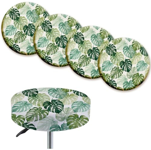 CONCHLERY 4 Pcs Leaves Plants Printed Round Stool Slipcovers Elastic Bar Chair Covers, for 13.7 Inch Diameter Home Kitchen Bar Stool Chair Decor