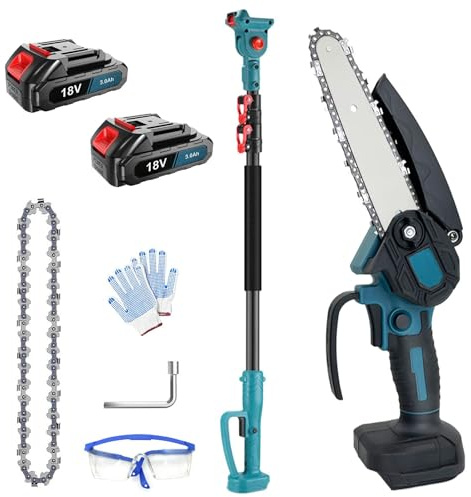 Mini motosega a batteria, 6 pollici, con 2 batterie da 3,0 Ah, telescopiche fino a 2,5 m, testa regolabile a 180°, attrezzi da giardino per tagliare legno/alberi