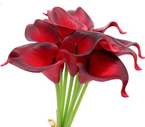 Mini Ramos Artificiales de Lirio de Cala de 10 Tallos de látex Artificial de Tacto Real para decoración del hogar y Fiestas (Negro y Rojo)