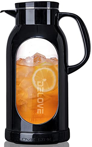 Delove 68 oz/2 Liter Glass Pitcher with Shatterproof Shell - Heat Resistant Glass Liner - Stainless Steel Lid - Carafe & Jug for Iced Tea,Hot/Cold Water,Homemade Juice Beverages (Black)